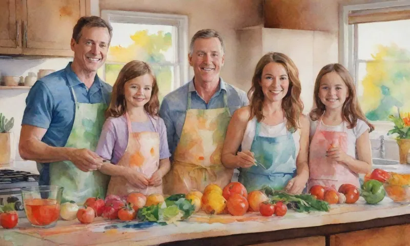 Una familia sonriente se une en una cocina soleada que prepara ingredientes frescos coloridos para una comida saludable.