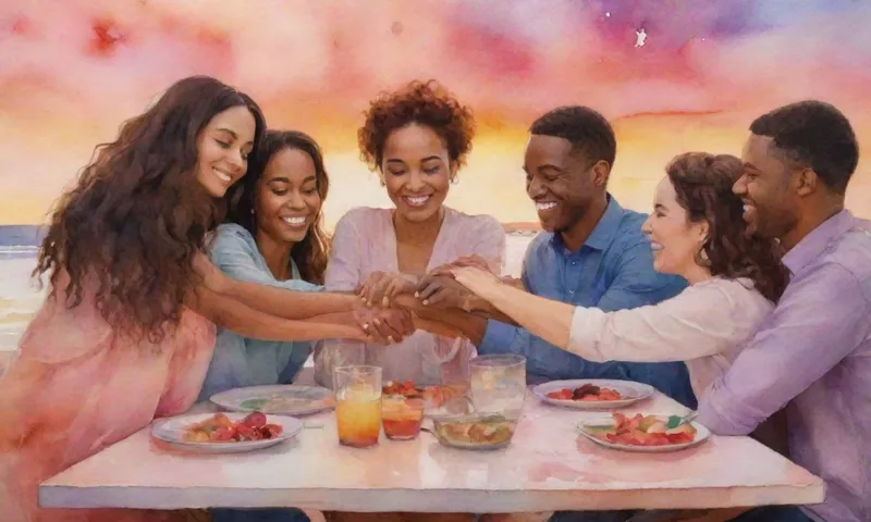 Un grupo de individuos diversos se reúne alrededor de una mesa, sus manos entrelazadas mientras sonríen calientemente, algunos se abrazan bajo un cielo suave de puesta de sol.