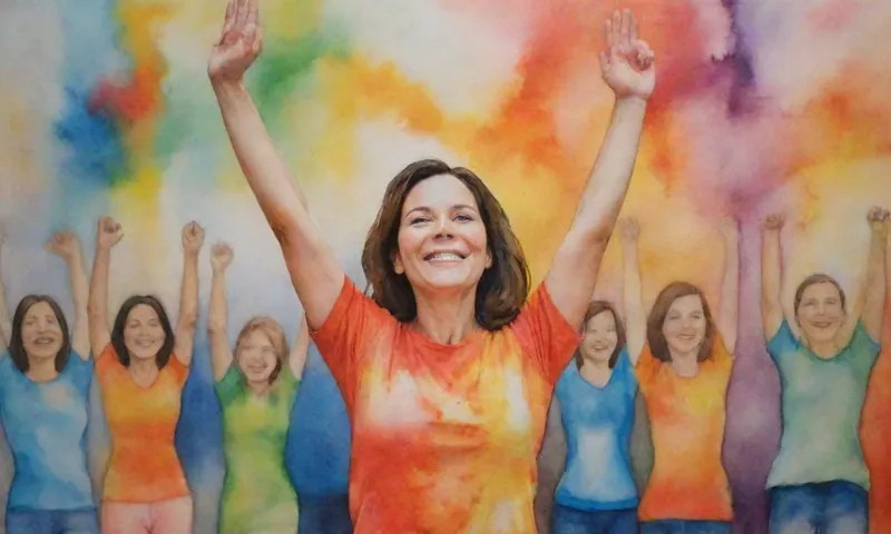 Una persona se encuentra con brazos levantados, empoderados y radiantes confianza en un contexto de diversas caras sonriendo y participando en diversas actividades de la vida mientras los rodea son imágenes abstractas de fuerza, crecimiento y conexión.