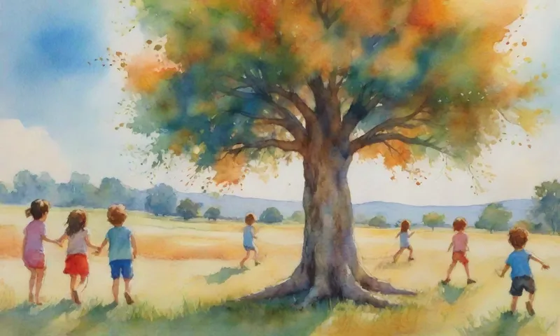 Un niño escalando un árbol mientras juega en un campo abierto, rodeado de otros niños corriendo y riendo, sus caras iluminadas por el sol, demostrando beneficios positivos para la salud de la actividad al aire libre.