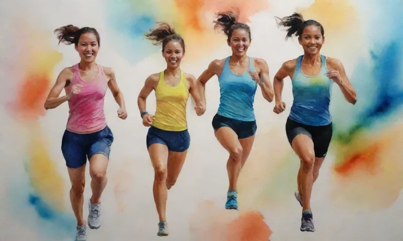 Un grupo diverso de personas que participan en actividades físicas como correr, saltar, jugar deportes, levantar pesos, y usar escaladores de escaleras, sonriendo con esfuerzo y alegría.