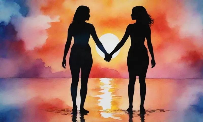 Una silueta de personas se levanta contra un amanecer vibrante, sosteniendo las manos con su propio reflejo en medio de nubes de emociones giratorias.
