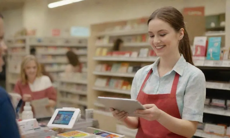 Close-up of a smile retail worker using a tablet to scan customer products at checkout, with other customers happily Navigation online at nearby smart screens.