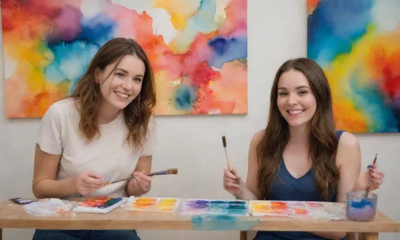 Una joven sentada frente a un terapeuta sonriente brillantemente, con pinceles, con colores vibrantes y formas abstractas visibles en el lienzo.