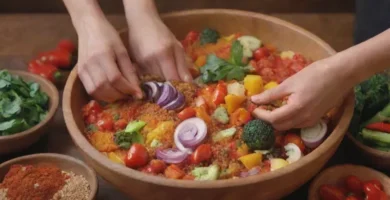 Un plano de las manos revolviendo verduras vibrantes