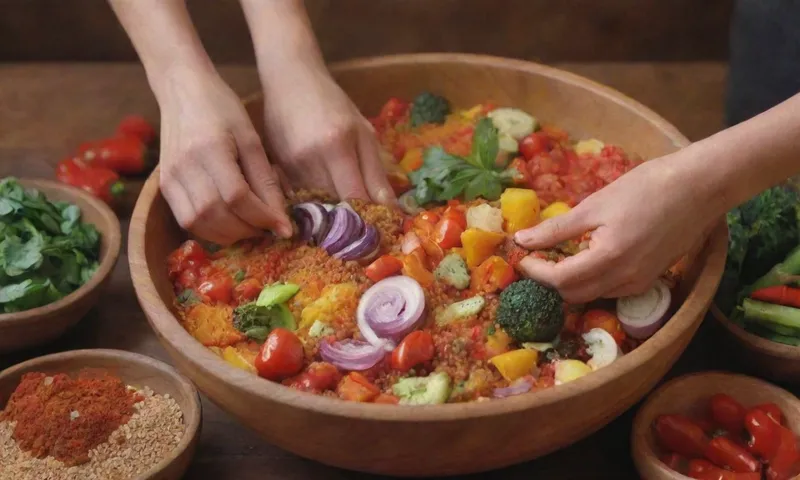 Un plano de las manos revolviendo verduras vibrantes