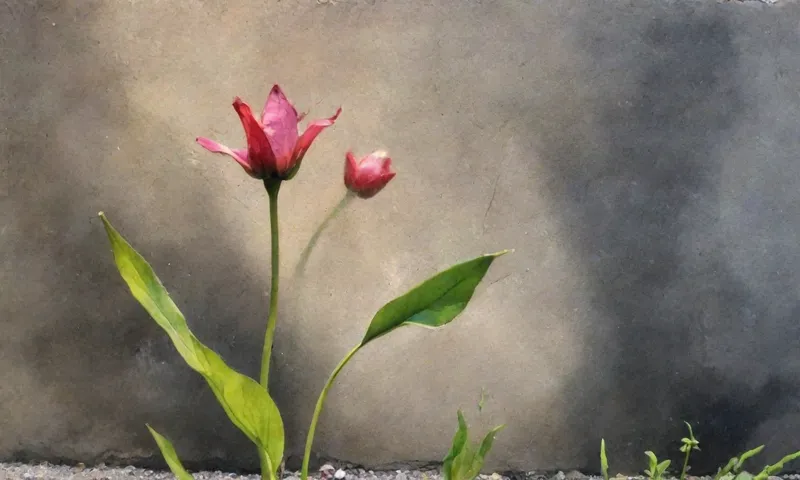 Una mano que se extiende hacia una sola flor brotando a través de hormigón agrietado en medio de hierbas overgrown, con un rayo de luz del sol que atraviesa.