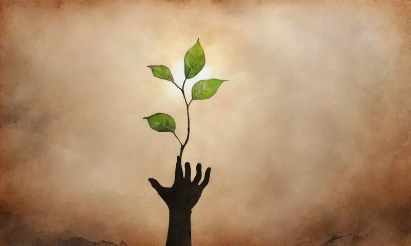 Una mano sosteniendo un brote alcanzando hacia arriba hacia el sol, rodeado de tierra agrietada formando una silueta de árbol pequeña pero determinada a través de la neblina de hojas templadas arriba.