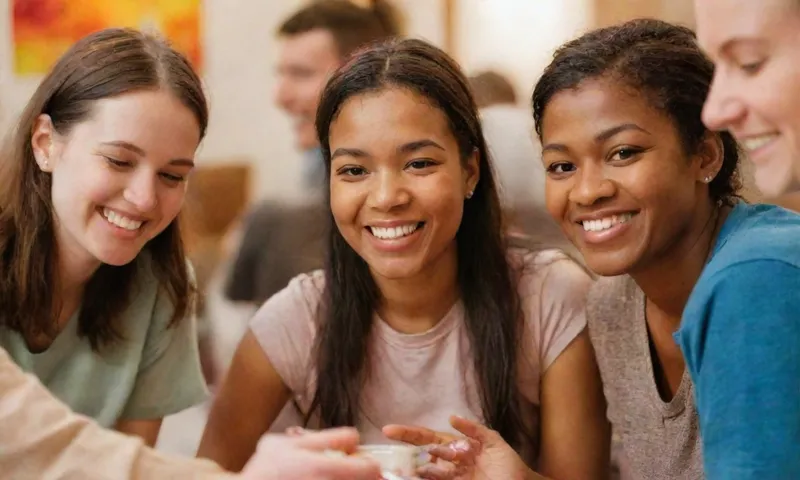 Un retrato de cerca de diversos individuos, algunos con sonrisas brillantes, otros con cejas surcadas, compartiendo guiones de apoyo a través de una conversación casual durante una actividad de compromiso de grupo activo (como trabajo voluntario o taller), todo rodeado de iluminación cálida y colores vibrantes.