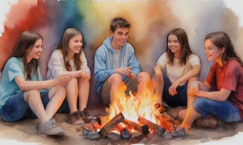 Un grupo diverso de adolescentes se sienta alrededor de una fogata