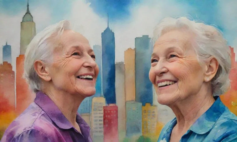 Un acercamiento de las personas mayores sonriendo mirada mirando hacia un vibrante paisaje urbano, alcanzando el cielo.