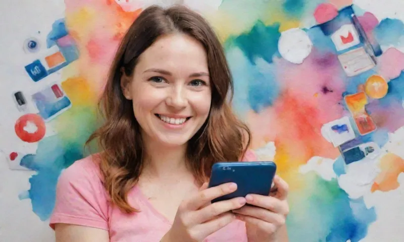 Una persona sonriendo brillantemente a una cámara mientras sostiene un teléfono mostrando una variedad de actividades diarias (trabajo, ejercicio, relajación) visualizadas a través de iconos y colores brillantes.