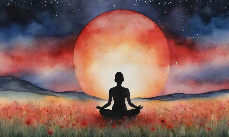 Una silueta de una persona meditando con gracia bajo un cielo estrellado en medio de un campo de flores silvestres sostiene un único orbe rojo brillante que representa la resiliencia.