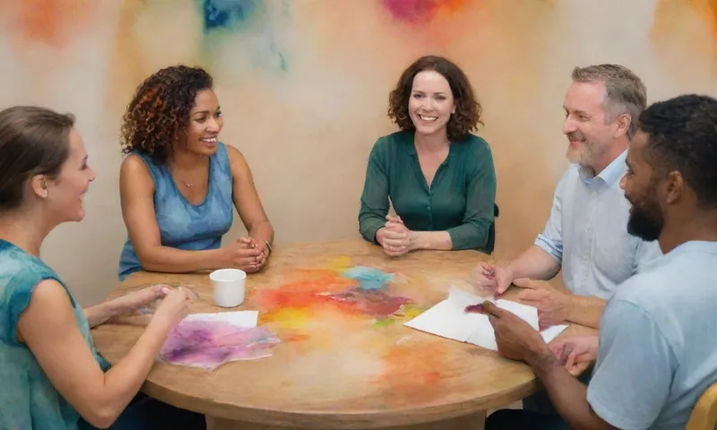 Un grupo diverso de individuos, caras iluminadas por sonrisas compartidas y auténtica calidez mientras se sientan alrededor de una mesa de círculos, dedicadas durante una discusión espírita sobre su experiencia compartida y sistema de apoyo.