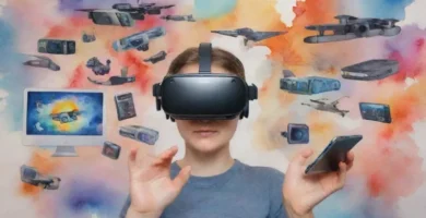 Una mano sostiene un teléfono inteligente que muestra un auricular de realidad virtual mientras está rodeado de un collage de diversas tecnologías