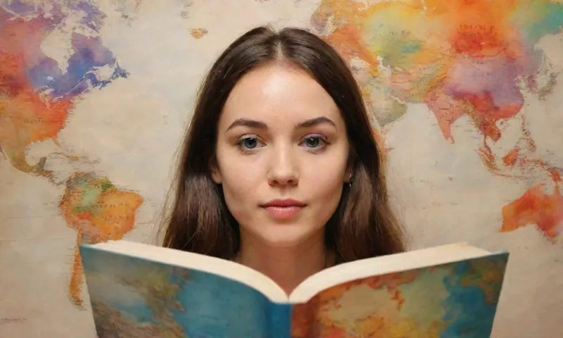 Una joven cara iluminada por la luz que refleja un libro abierto, rodeado de imágenes vibrantes de diversas personas de diferentes culturas y períodos de tiempo en un mapa mundial.