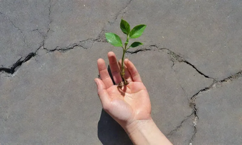 Un disparo de cerca de una mano templada sosteniendo una plántula que se desborda hacia arriba a través del pavimento agrietado, la luz del sol irradiando hacia abajo.