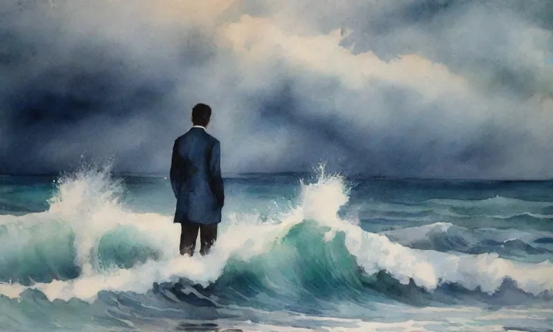 Una silueta humana de pie con confianza en un telón de fondo de olas y cielos tormentosos.