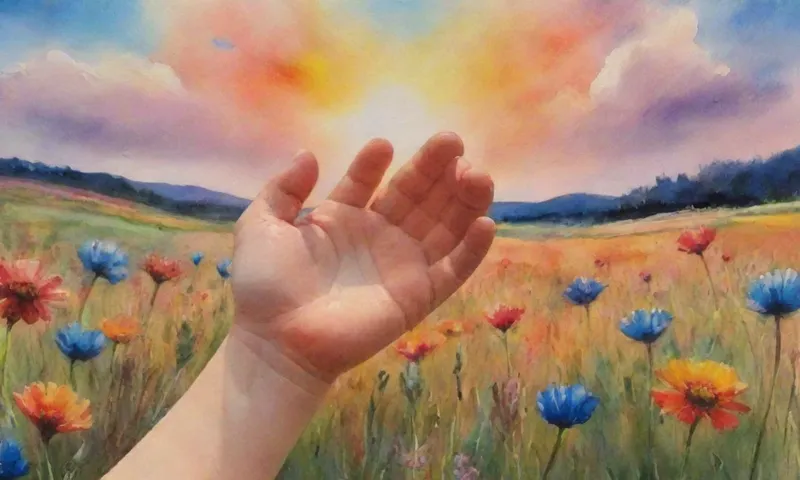 Una mano sosteniendo a los niños mano apretadamente, ambos mirando hacia arriba hacia un campo abierto bañado por el sol con flores silvestres vibrantes después de lo que parece ser una tormenta pesada.