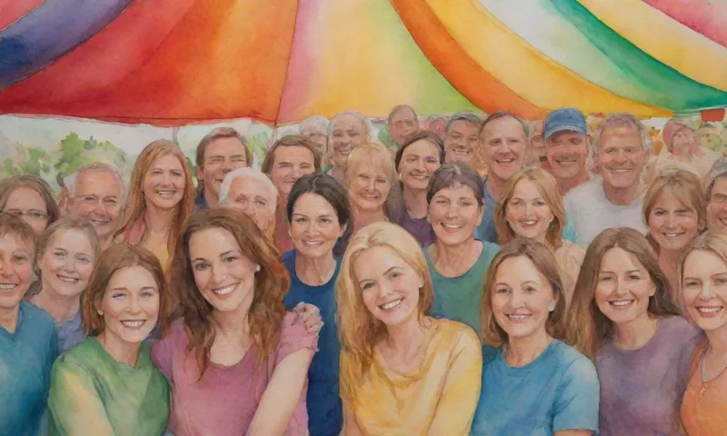 Un grupo diverso de personas sonrientes se reúnen brillantemente bajo una gran tienda de colores brillantes, sus manos formando círculos interrelacionados con herramientas, semillas y plantas que los rodean.