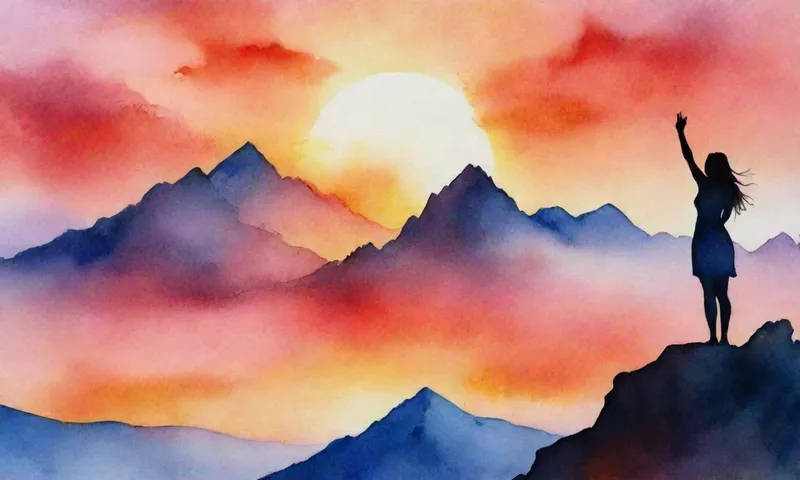 Una mujer se para sobre un pico de montaña, la cabeza se volvió hacia el amanecer distante, la silueta contra un cielo vibrante del atardecer.