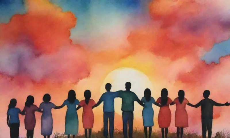 Un grupo diverso de personas que se unen bajo un cielo vibrante de puesta del sol, cada una sosteniendo una mano revuelta, simbolizando la esperanza y la unidad, rodeado de formas de tierra estilizada y nubes que representan la resiliencia y las generaciones futuras.