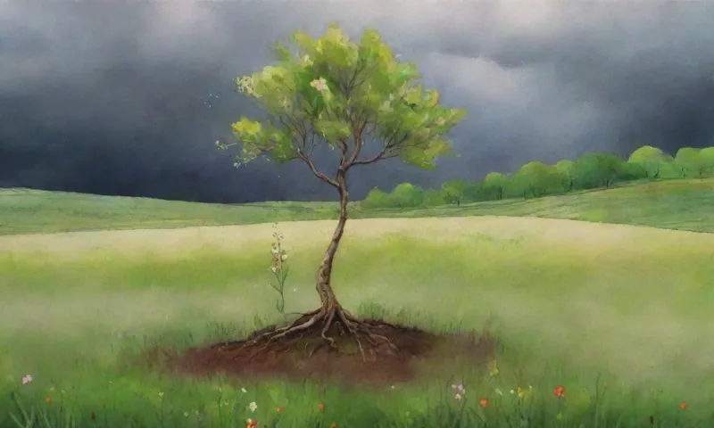 Una mano llega desde debajo de un brote de árboles jóvenes, adornado con pequeñas flores, con un telón de fondo de campos verdes vibrantes que se encuentran a través de una nube de tormenta, climatizada pero optimista.