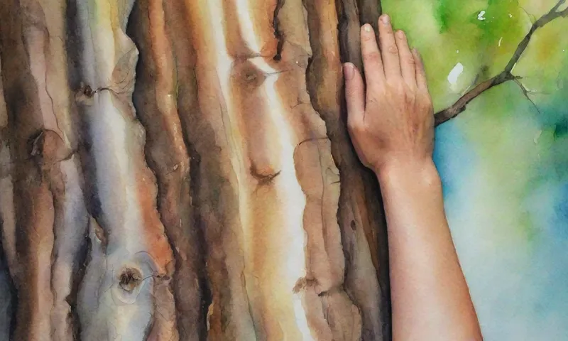 Una mano que se extiende desde detrás de un tronco de árbol fuerte y creciente, alcanzando hacia un futuro brillante con ojos esperanzadores.