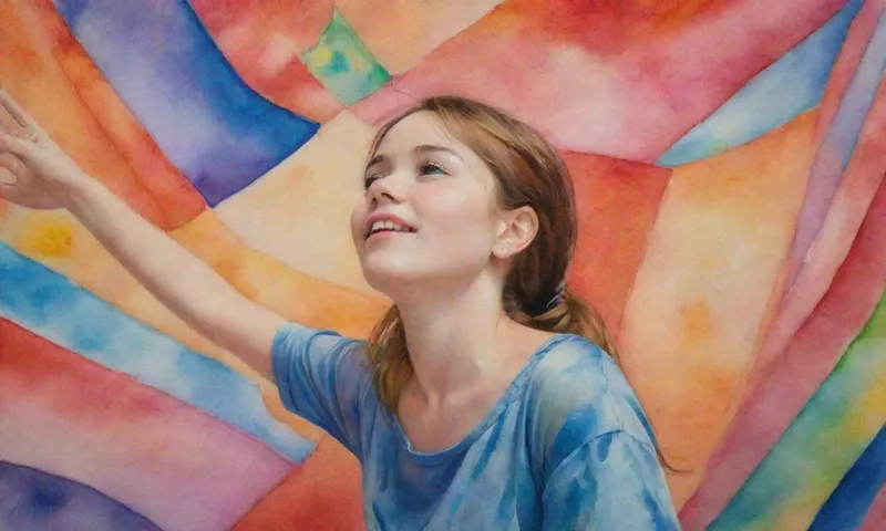 Un joven, rodeado de telas de colores brillantes y patrones intrincados, mira hacia el horizonte con una mano extendida, sus ojos enfocados hacia arriba.