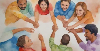 Un grupo diverso de personas de diferentes orígenes sentados en círculo en una mesa con cálidas sonrisas