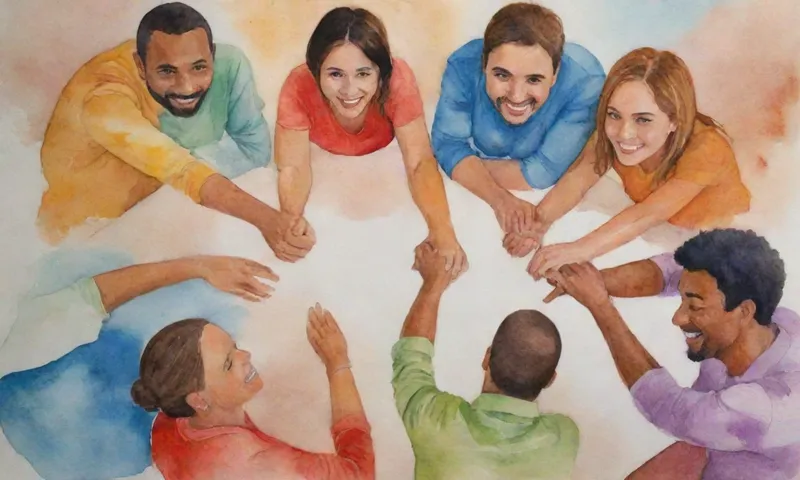 Un grupo diverso de personas de diferentes orígenes sentados en círculo en una mesa con cálidas sonrisas
