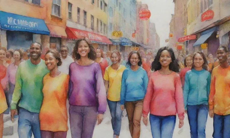 Un grupo diverso de personas sonríe brillantemente desde diferentes rincones de una bulliciosa plaza de la ciudad, todos con colores vibrantes con signos simbólicos de fuerza y resiliencia.