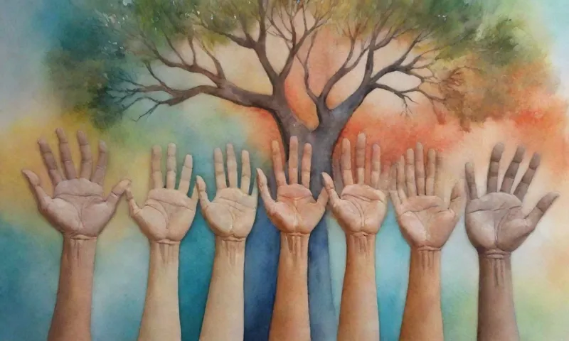 Una toma de manos de cerca estremecida de diversos orígenes que se levantan y se abrazan entre sí en un telón de fondo de un árbol fuerte y resistente que prospera en medio de un terreno desafiante.