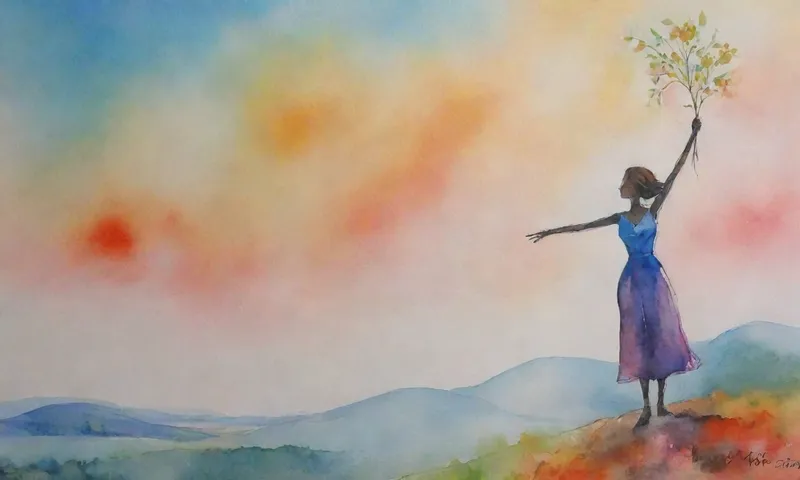 Una figura fuerte y decidida se erige contra un telón de fondo de paisaje vibrante eólica, sosteniendo un azote floreciente mientras sus ramas llegan al cielo, lo que significa crecimiento y supera los desafíos.