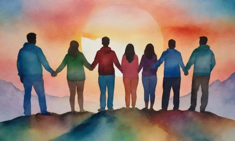 Un grupo diverso de personas, manos vinculadas por todo el mundo, de pie en un pico de montaña con un fondo de salida del sol.
