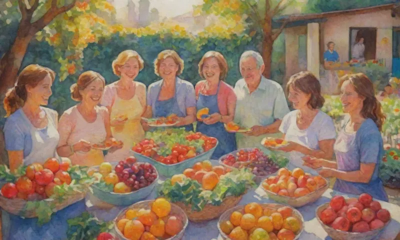 Un vibrante mosaico de personas que disfrutan de comidas saludables con sonrisas brillantes al lado de un jardín soleado y próspero lleno de productos que dan vida.