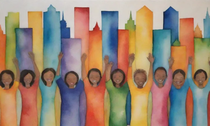 Un grupo de personas diversas, las manos vinculadas, sonriendo ampliamente entre bloques coloridos dispersos formando un horizonte urbano.