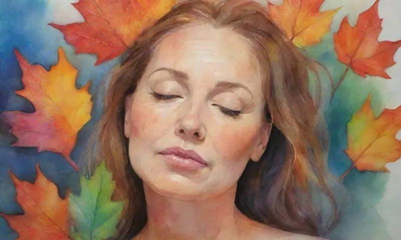 Una mujer en el rostro climatizado está iluminada por un amanecer, sus ojos cerrados mientras se aferra suavemente a un orbe resplandeciente – representando la resiliencia emocional – mientras está rodeada de coloridas hojas balanceadas – símbolos de cambio y crecimiento.