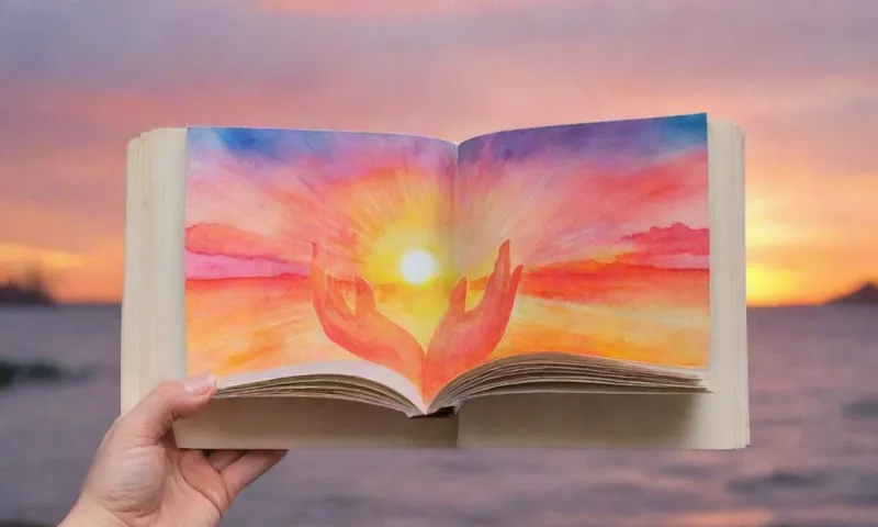 Una mano sosteniendo un cuaderno abierto contra un brillante fondo de puesta del sol, dedos formando un arco mientras las palabras se derraman como rayos del sol sobre las caras cercanas.