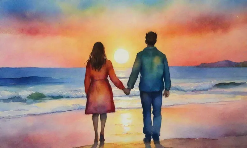 Una pareja joven, de pie, mira hacia un amanecer brillante sobre un horizonte lejano, sus rostros que reflejan esperanza y luz.