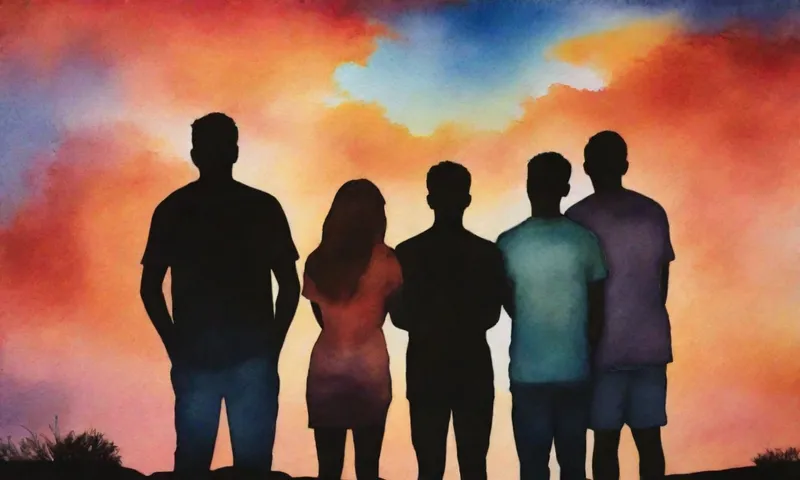 Un grupo de individuos diversos, siluetados contra una puesta de sol vibrante, abrazados juntos, se enfrenta reflexivo con comprensión y determinación, ya que tres mentores se colocan a cada lado ofreciendo apoyo y mentoría.