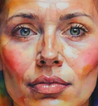 Un retrato de cerca de una cara humana iluminada por el resplandor de varias luces coloridas y vibrantes