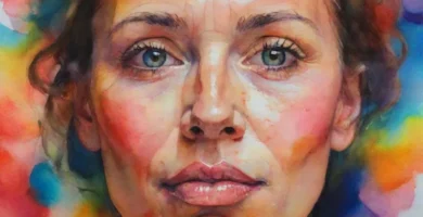 Un retrato de cerca de una cara humana iluminada por el resplandor de varias luces coloridas y vibrantes