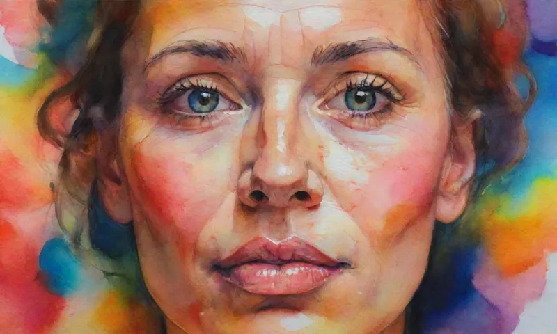 Un retrato de cerca de una cara humana iluminada por el resplandor de varias luces coloridas y vibrantes