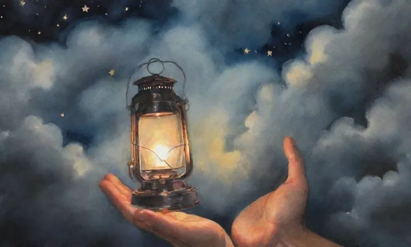 Una mano sosteniendo una linterna sin iluminar entre nubes tormentosas