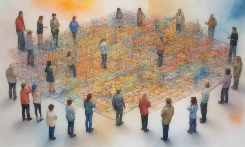 Un grupo de personas colabora estrechamente en torno a un gran modelo de red de edificios, utilizando dispositivos de medición como gobernantes para demostrar cómo se construyen y conectan las estructuras de soporte para una estructura más grande.