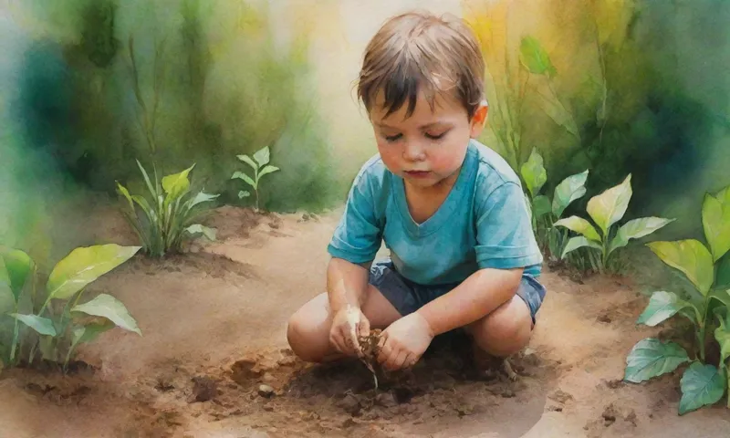 Un niño plantando un árbol en suciedad entre otras plantas exuberantes, verdes, ojos mirando esperanzados y determinados mientras la luz del sol se filtra por las hojas.