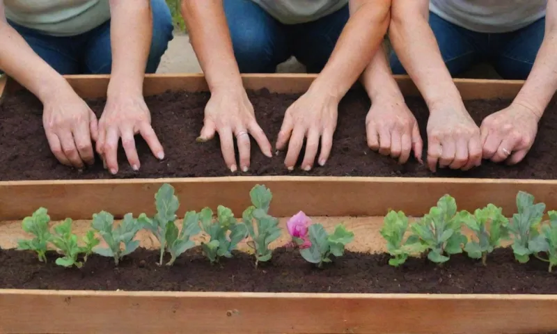 Un grupo diverso de manos plantando semillas en camas elevadas, junto con otros formando círculos estrechos, mirando hacia fuera con un sentido de determinación, esperanza y solidaridad.