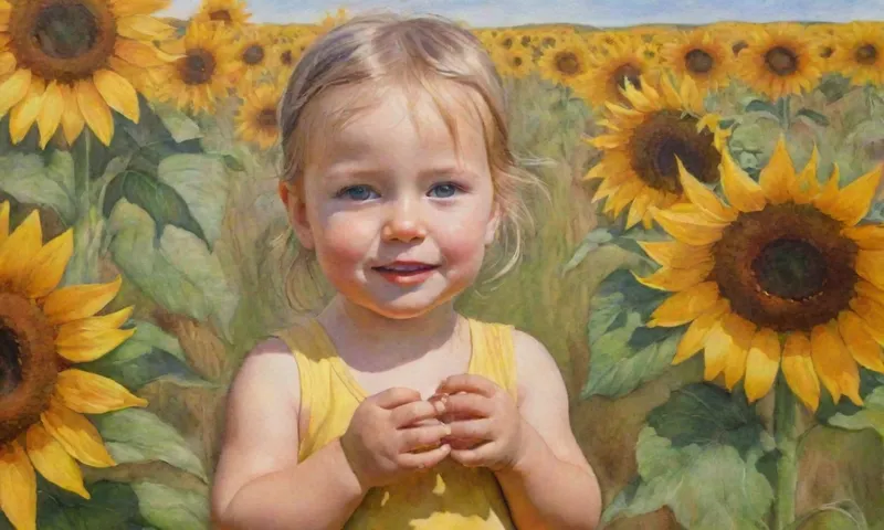 Un niño, ojos decididos y manos firmemente aferrados suelo acuñado, se encuentra orgulloso de un joven y próspero tallo de girasol contra un telón de fondo de campos vibrantes que revienten la vida en la floración.