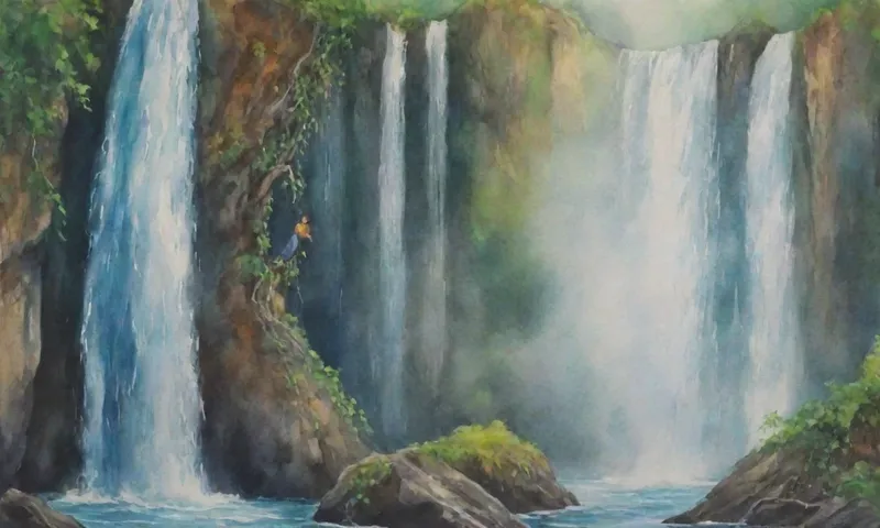 Una mano que llega a una vid ascendente contra un telón de cascada, con agua corriente que refleja los recursos financieros y el progreso ascendente.